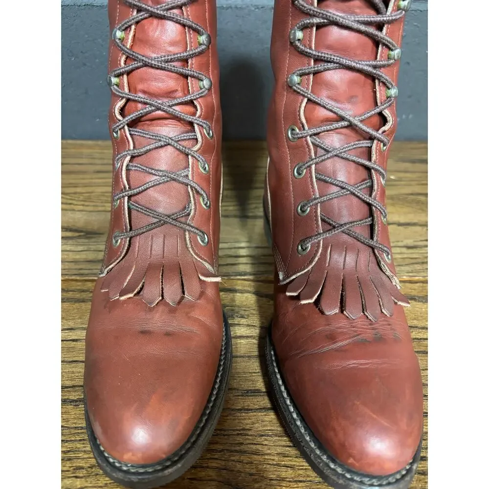 Vintage Justin Lace Up Roper Boots Burgundy Leather Kiltie USA Women’s 7.5 - Picture 4 of 9